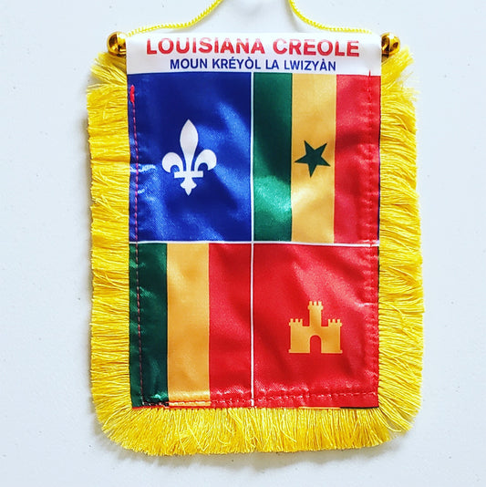 4 X 6 Inch Louisiana Creole Window Hanging Flag - Rearview Mirror & Double Sided - Fringed Louisiana Creole Mini Banner with Suction Cup