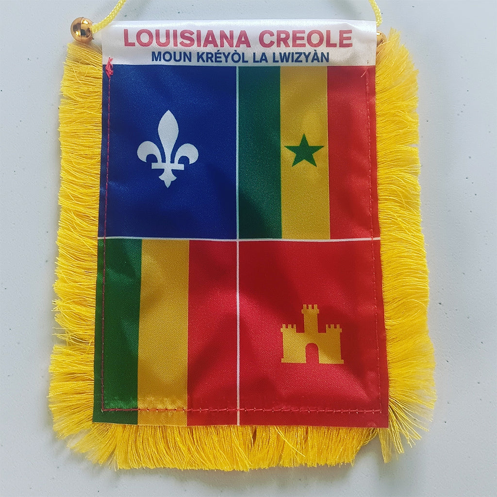 4 X 6 Inch Louisiana Creole Window Hanging Flag - Rearview Mirror & Double Sided - Fringed Louisiana Creole Mini Banner with Suction Cup