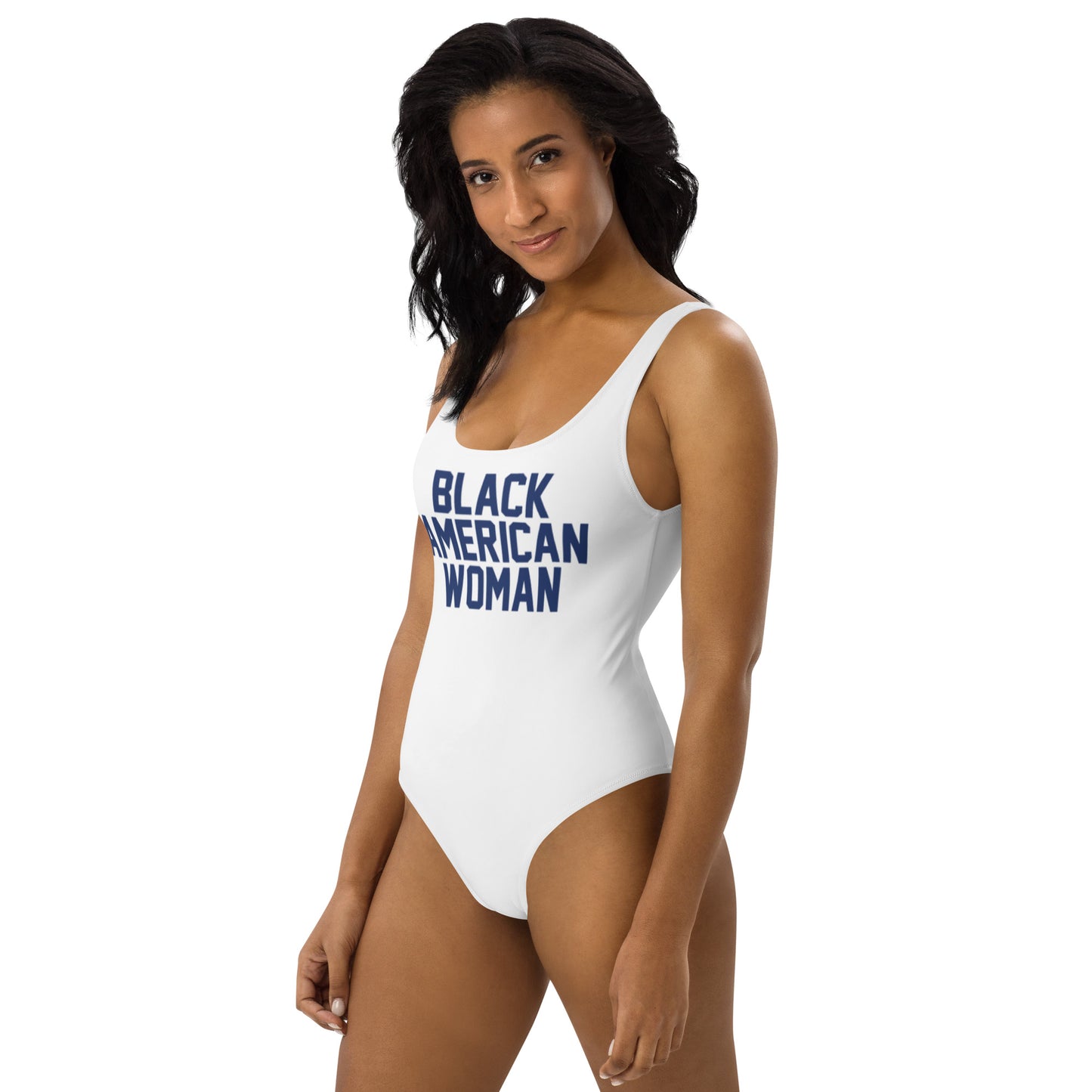 Black American Woman One-Piece Swimsuit - White