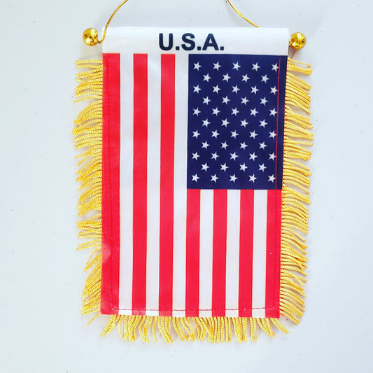 4 X 6 Inch USA Window Hanging Flag - Rearview Mirror & Double Sided - Fringed USA Mini Banner with Suction Cup